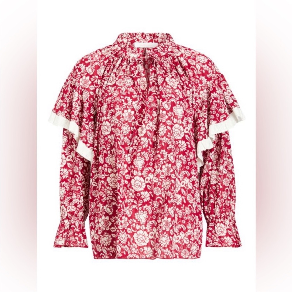 See by Chloe Graphic Peonies Floral Top Cottagecore Prairie Red Boho Size 40